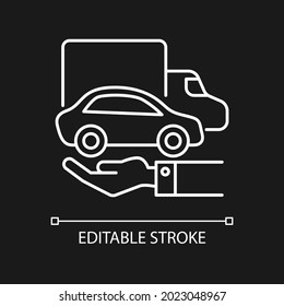 Company owned vehicles white linear icon for dark theme. Buying a car for business use. Reputation. Thin line customizable illustration. Isolated vector contour symbol for night mode. Editable stroke