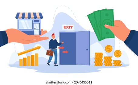 Company owner going through exit door after selling business. Hands changing shop for money flat vector illustration. Bankruptcy, finances concept for banner, website design or landing web page