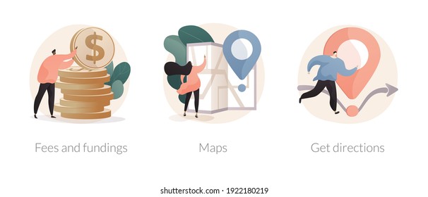 Company page information abstract concept vector illustration set. Fees and funding, maps, get directions, service cost, subscription fees, online navigation, contact us page abstract metaphor.