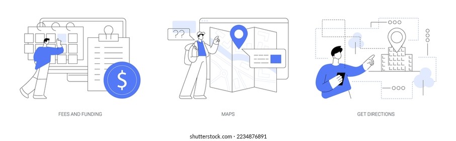 Company page information abstract concept vector illustration set. Fees and funding, maps, get directions, service cost, subscription fees, online navigation, contact us page abstract metaphor.