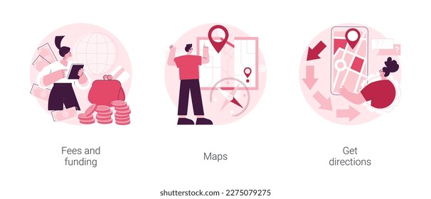 Company page information abstract concept vector illustration set. Fees and funding, maps, get directions, service cost, subscription fees, online navigation, contact us page abstract metaphor.
