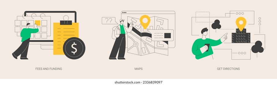 Company page information abstract concept vector illustration set. Fees and funding, maps, get directions, service cost, subscription fees, online navigation, contact us page abstract metaphor.