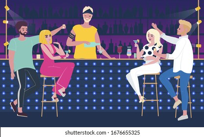 Company party characters of human, man and woman in nightclub, young people drink alcohol, flat vector illustration. Bartender bar treat alcohol. Billboard night club, youth hangout, night life.