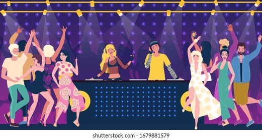 Company party characters of human, man and woman in nightclub, young people drink alcohol, flat vector illustration. Bartender bar treat alcohol. Billboard night club, youth hangout, night life.