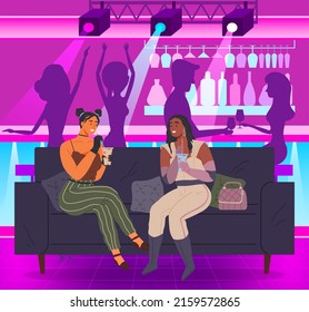 Company party funny characters of human, man and woman in nightclub, young people drink alcohol, dancing together. Bartender bar treat alcohol. Billboard night club, youth hangout, night life