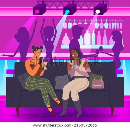 Company party funny characters of human, man and woman in nightclub, young people drink alcohol, dancing together. Bartender bar treat alcohol. Billboard night club, youth hangout, night life