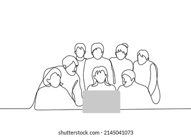 company of people crowded over laptop and look into it - one line drawing vector. concept of work team is struggling with solution to problem, students are studying or curious, friends are watching