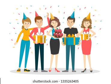 Company of people on birthday party. Celebration event. Female character holding big tasty cake. Friend with gift box. Anniversary party. Isolated vector illustration in cartoon style