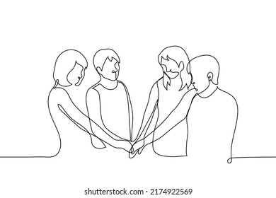 company of people put their hands together - one line drawing vector. men and women teamed up. concept friendly colleagues, best friends, strong team spirit