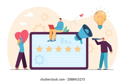 Company People Studying Analytics And Customer Feedback. SEO Management, Digital Marketing Flat Vector Illustration. Brand Reputation, Social Media Concept For Banner, Website Design Or Landing Page