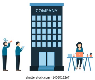 Company and people at work, competitor analysis, office workers girls and men, business process, get a job, vector illustration