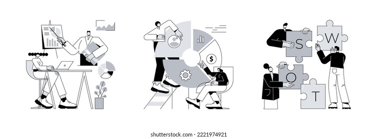 Company performance analysis abstract concept vector illustration set. Business statistics, balanced scorecard, SWOT analysis, enterprise, strategic goal, project planning, progress abstract metaphor.