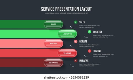 Plantilla de presentación de infografía de cinco pasos de rendimiento de la empresa. Ilustración vectorial de Diseño de Marco de Innovación de Mercado. Diseño de presentación de diapositivas de diagrama de 5 opciones de desarrollo publicitario.