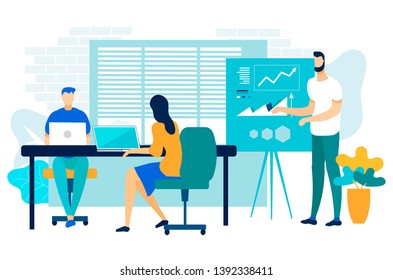 Company Performance Report Vector Illustration. Employees Listen to Progress Report. Bearded Man Shows Results on Graphic Chart. Team Work Young Professional Managers. Cartoon Flat.