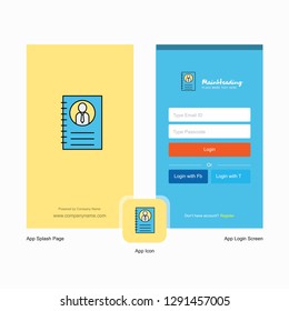 Company Personal diary Splash Screen and Login Page design with Logo template. Mobile Online Business Template