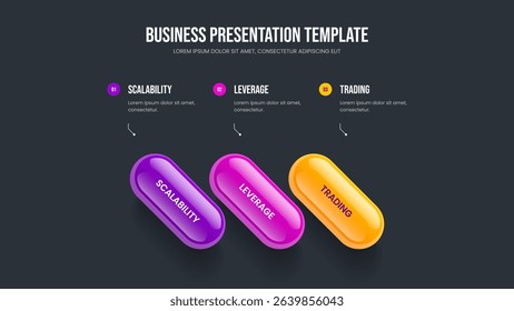 Company Plan 3 Element Infographic Slideshow Template. Corporate Growth Three Step Diagram Slide Layout. Digital Visualization Presentation Design Vector Illustration.