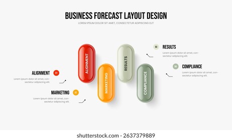 Company Plan 4 Element Diagram Slideshow Template. Market Performance Four Step Infographic Slide Layout. Consulting Portfolio Frame Design Vector Illustration.