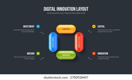 Company Plan 4 Step Diagram Slideshow Design. Creative Profile Frame Layout Vector Illustration. Marketing Report Four Option Infographic Presentation Template.
