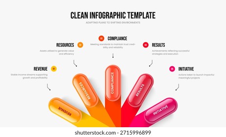 Planificación de la empresa Diseño de diapositiva de diagrama de cinco elementos. Ilustración vectorial de diseño de presentación de estrategia creativa. Innovación publicitaria Plantilla de marco de infografía de 5 pasos.