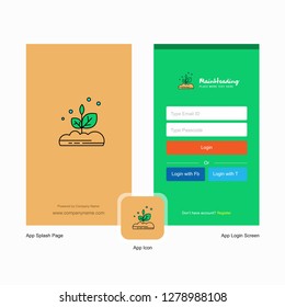 Company Plant Splash Screen and Login Page design with Logo template. Mobile Online Business Template