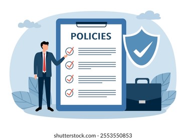 Company policies document, legal of term and services, agreement or process to follow, corporate rules or guidance concept. Businessman with company policy document and business briefcase.