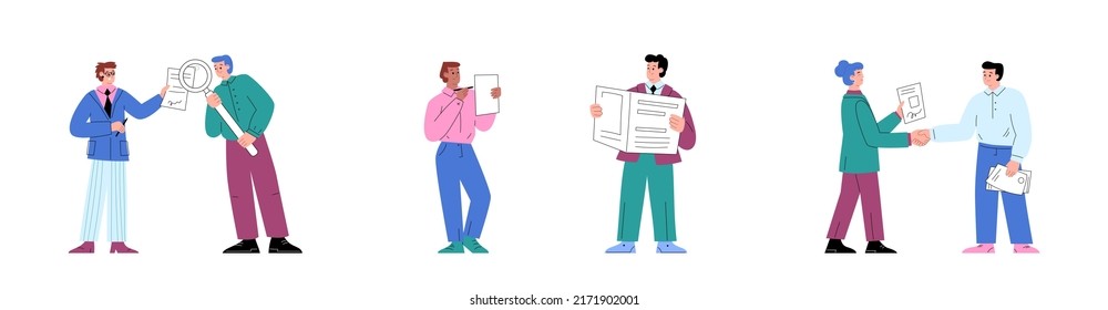 Company policy and business rules regulation concepts set with cartoon characters of business persons, flat vector illustration isolated on white background.