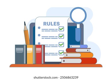 Company policy concept about rules, discussing company rules and regulations, Agreement, Corporate law and business ethics, Compliance, flat vector illustration on background.