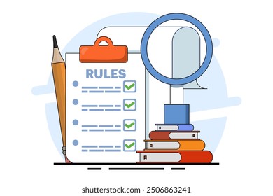 Company policy concept about rules, discussing company rules and regulations, Agreement, Corporate law and business ethics, Compliance, flat vector illustration on background.