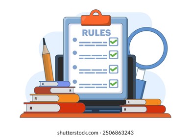 Company policy concept about rules, discussing company rules and regulations, Agreement, Corporate law and business ethics, Compliance, flat vector illustration on background.