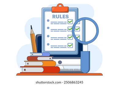 Company policy concept about rules, discussing company rules and regulations, Agreement, Corporate law and business ethics, Compliance, flat vector illustration on background.