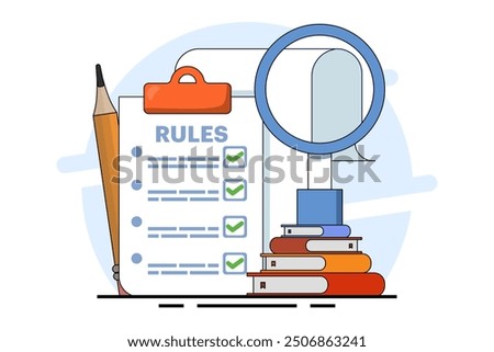 Company policy concept about rules, discussing company rules and regulations, Agreement, Corporate law and business ethics, Compliance, flat vector illustration on background.