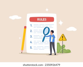 Company policy concept. Rules and regulations, corporate law and business ethics. Business person reading checklist of rules and regulation standards. Vector illustration in flat design.