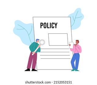 Company policy and legal regulation of business corporate relations concept with business people characters, flat cartoon vector illustration isolated on white background.