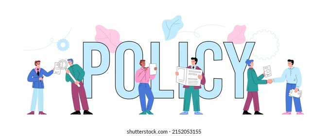 Company policy typography header for business rules regulation concept, flat cartoon vector illustration isolated on white background. Corporate regulatory compliance.