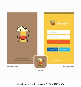 Company Pop corn Splash Screen and Login Page design with Logo template. Mobile Online Business Template