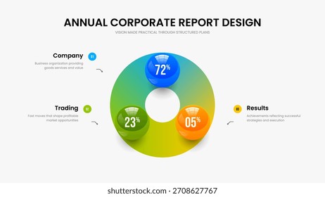 Ilustración vectorial de Plantilla del marco de la Cartera de la compañía. Rendimiento de la Empresa Diseño de presentación de diapositivas de gráfico de tres opciones. Perfil de marketing Diseño de presentación de infografía de 3 pasos.