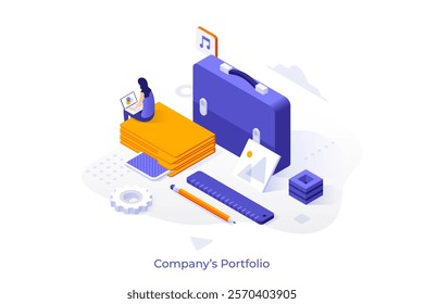 Company Portfolio isometric conceptual template. Graphic design agency cases performance online concept website design. Visual content 3d creative vector illustration for web page