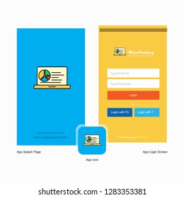 Company Presentation on laptop  Splash Screen and Login Page design with Logo template. Mobile Online Business Template