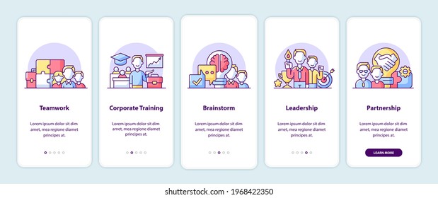 Company principles onboarding app screen pages. Smartphone application walkthrough with cartoon illustrations. Mobile UI template with 5 steps. User interface design with simple purple color concepts