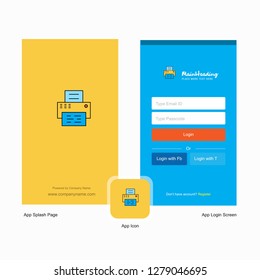 Company Printer Splash Screen and Login Page design with Logo template. Mobile Online Business Template