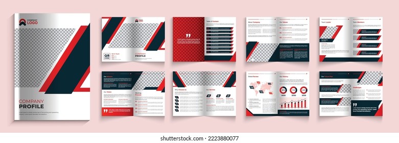 Diseño del folleto del perfil de la empresa con formas modernas y rojas