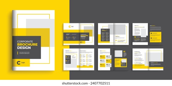 company profile business brochure template layout design, multi-pages a4 yellow, red color shape brochure template layout