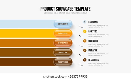 Company Profile Five Step Diagram Slide Design. Corporate Campaign 5 Element Infographic Presentation Template. Creative Overview Slideshow Layout Vector Illustration.