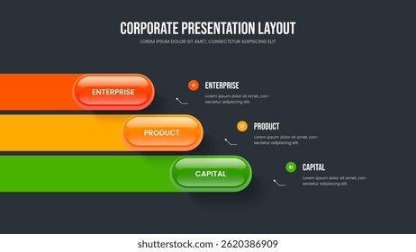 Company Profile Frame Design Vector Illustration. Investor Showcase Three Option Diagram Presentation Layout. Advertising Plan 3 Step Infographic Slide Template.