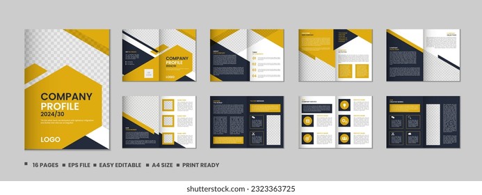 
Company profile, multipage brochure template, include cover page, vertical a4 format presentation, landing page, annual report, leaflet, magazine, catalog, trendy minimalist colorful geometric design