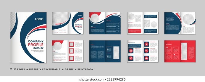 Company profile, multipage brochure template, include cover page, vertical a4 format presentation, landing page, annual report, leaflet, magazine, catalog, trendy minimalist colorful geometric design
