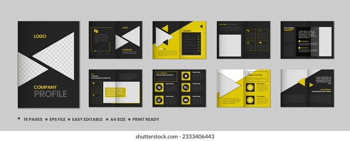 Company profile, multipage brochure template, include cover page, vertical a4 format presentation, landing page, annual report, leaflet, magazine, catalog, minimalist colorful geometric layout design
