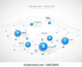 Company profile overview template with blue circles and dots - light version.