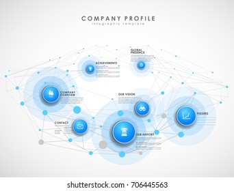 Company profile overview template with blue circles and dots - light version.