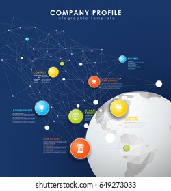 Company profile overview template with colorful circles, dots and polygonal globe on blue background- dark version.